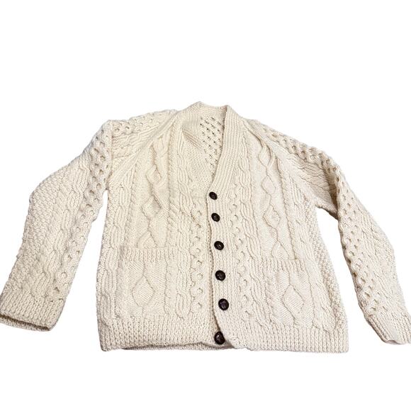 Vintage Men's Cable Knit Heavy Wool Cardigan Sweater Size M? Camel/Tan Button Up - Picture 1 of 6